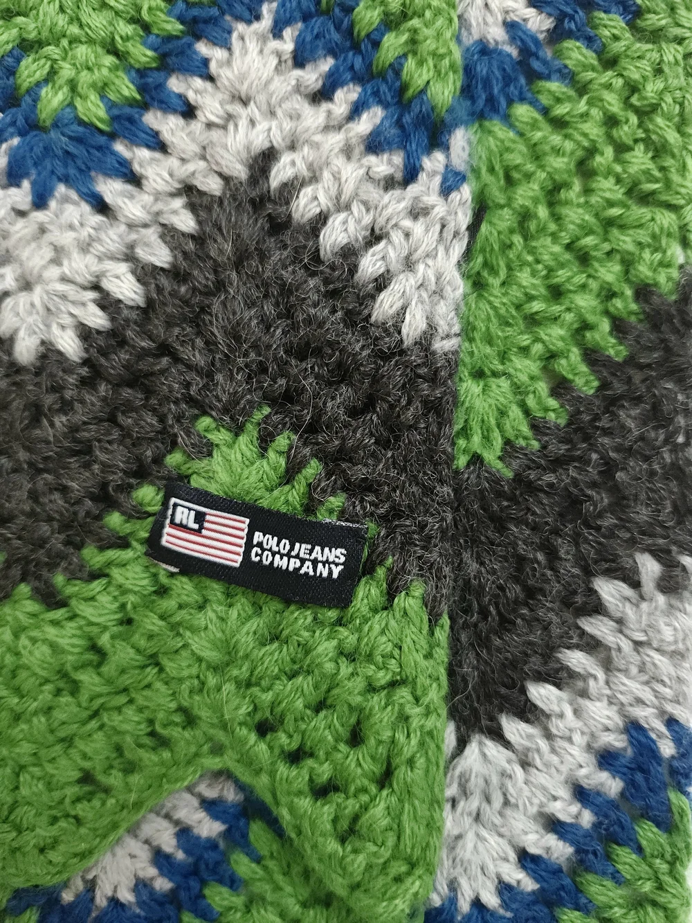 RL Polo Vintage Long Green Chevron Crochet Scarf With Blue Black & Gray 7.5x74